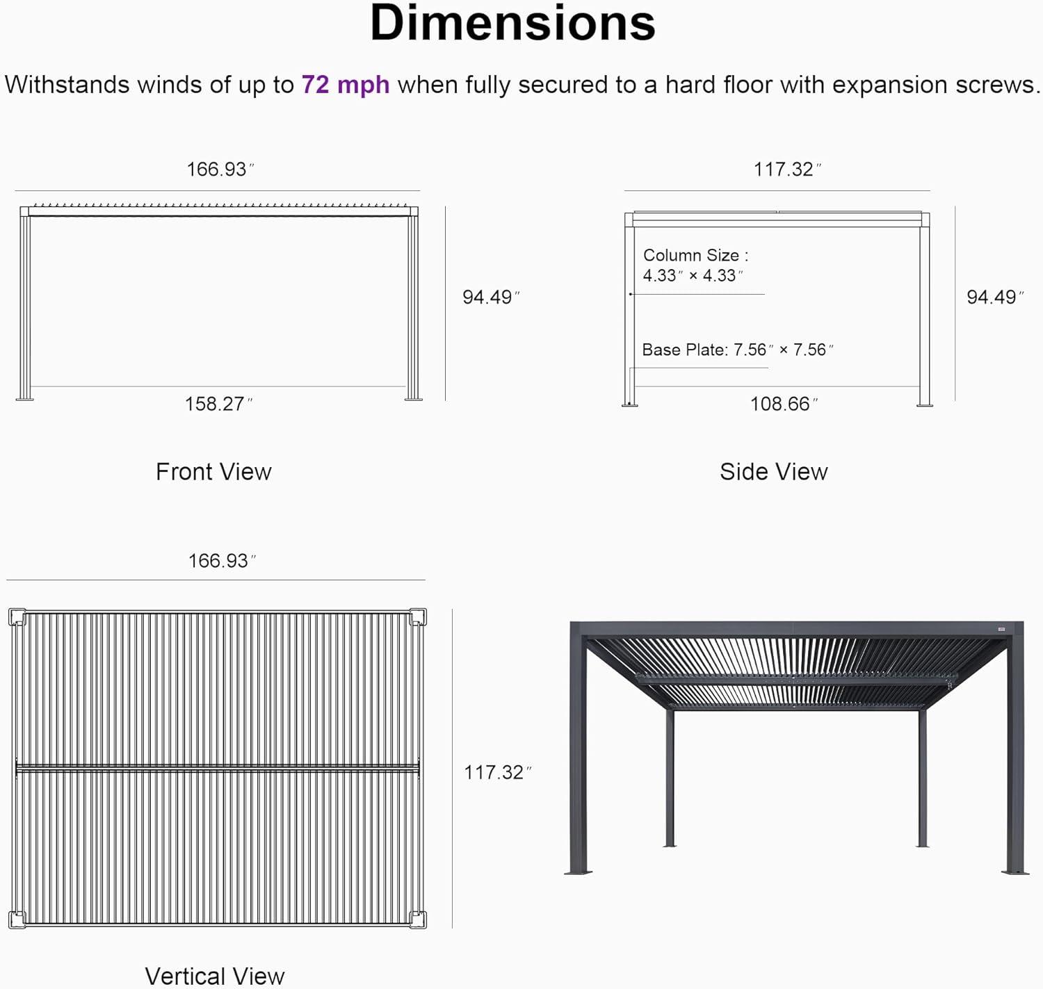 image:imagePURPLE LEAF Louvered Pergola 94AS 11 x 14 Outdoor Aluminum Pergola with Adjustable Roof for Deck Backyard Garden Grey Hardtop GazeboAluminum Aluminum Shutter Wall