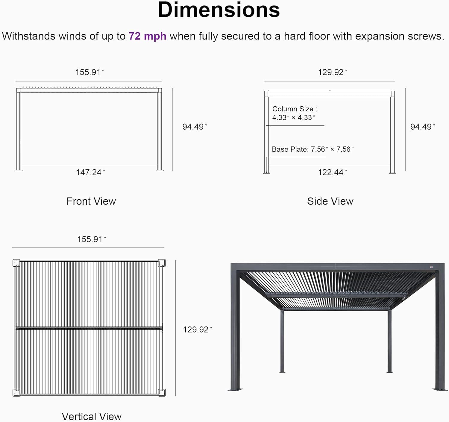 image:imagePURPLE LEAF Louvered Pergola 94AS 11 x 14 Outdoor Aluminum Pergola with Adjustable Roof for Deck Backyard Garden Grey Hardtop GazeboAluminum Aluminum Shutter Wall