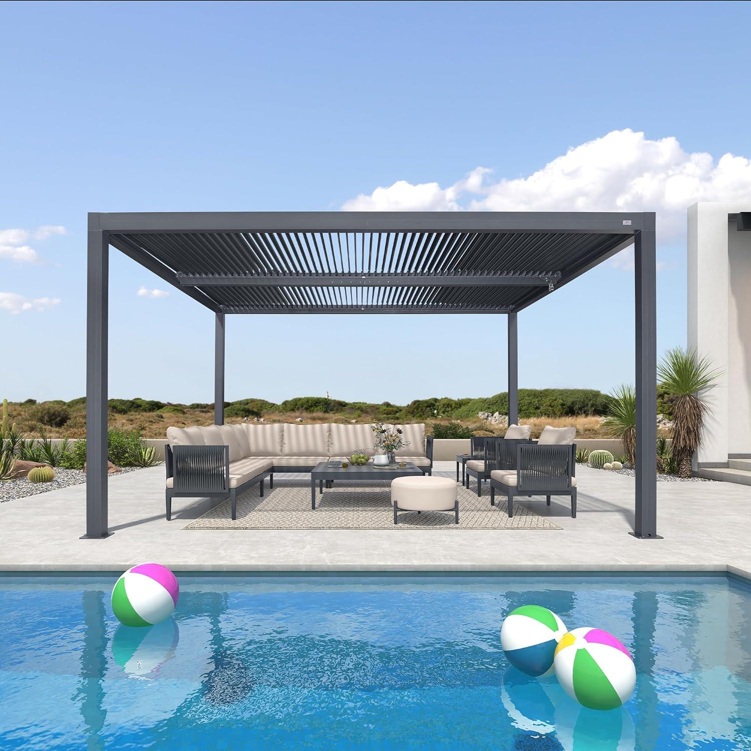 image:imagePURPLE LEAF Louvered Pergola 94AS 11 x 14 Outdoor Aluminum Pergola with Adjustable Roof for Deck Backyard Garden Grey Hardtop GazeboAluminum LED Strip Lights