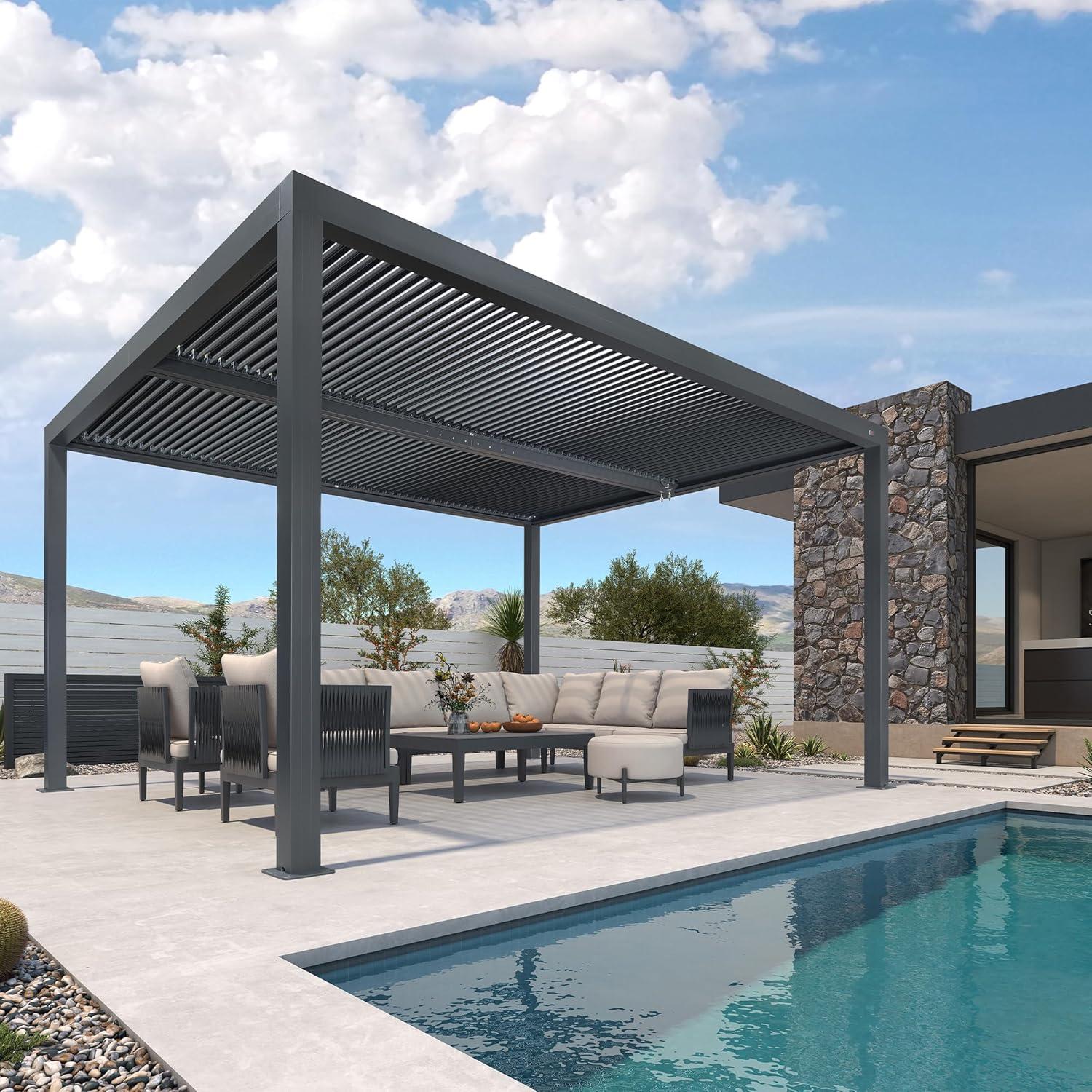 image:imagePURPLE LEAF Louvered Pergola 94AS 11 x 14 Outdoor Aluminum Pergola with Adjustable Roof for Deck Backyard Garden Grey Hardtop GazeboAluminum LED Strip Lights