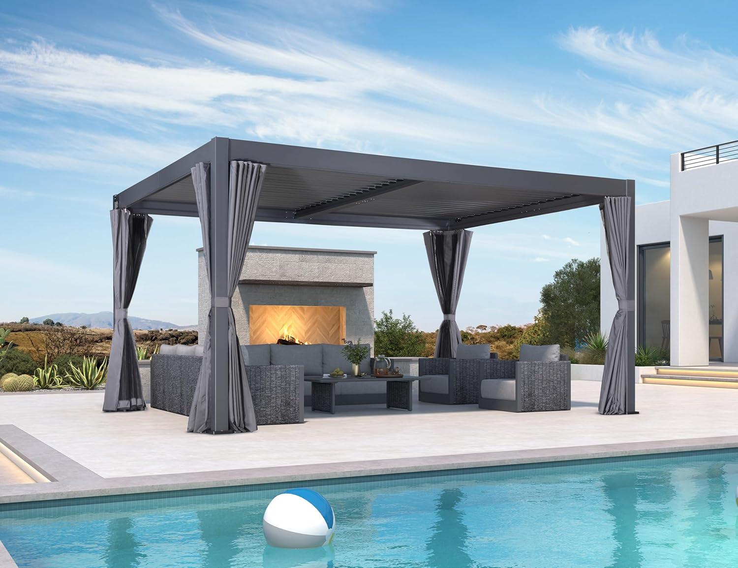 image:imagePURPLE LEAF Louvered Pergola 94AS 11 x 14 Outdoor Aluminum Pergola with Adjustable Roof for Deck Backyard Garden Grey Hardtop GazeboAluminum Polyester Curtain