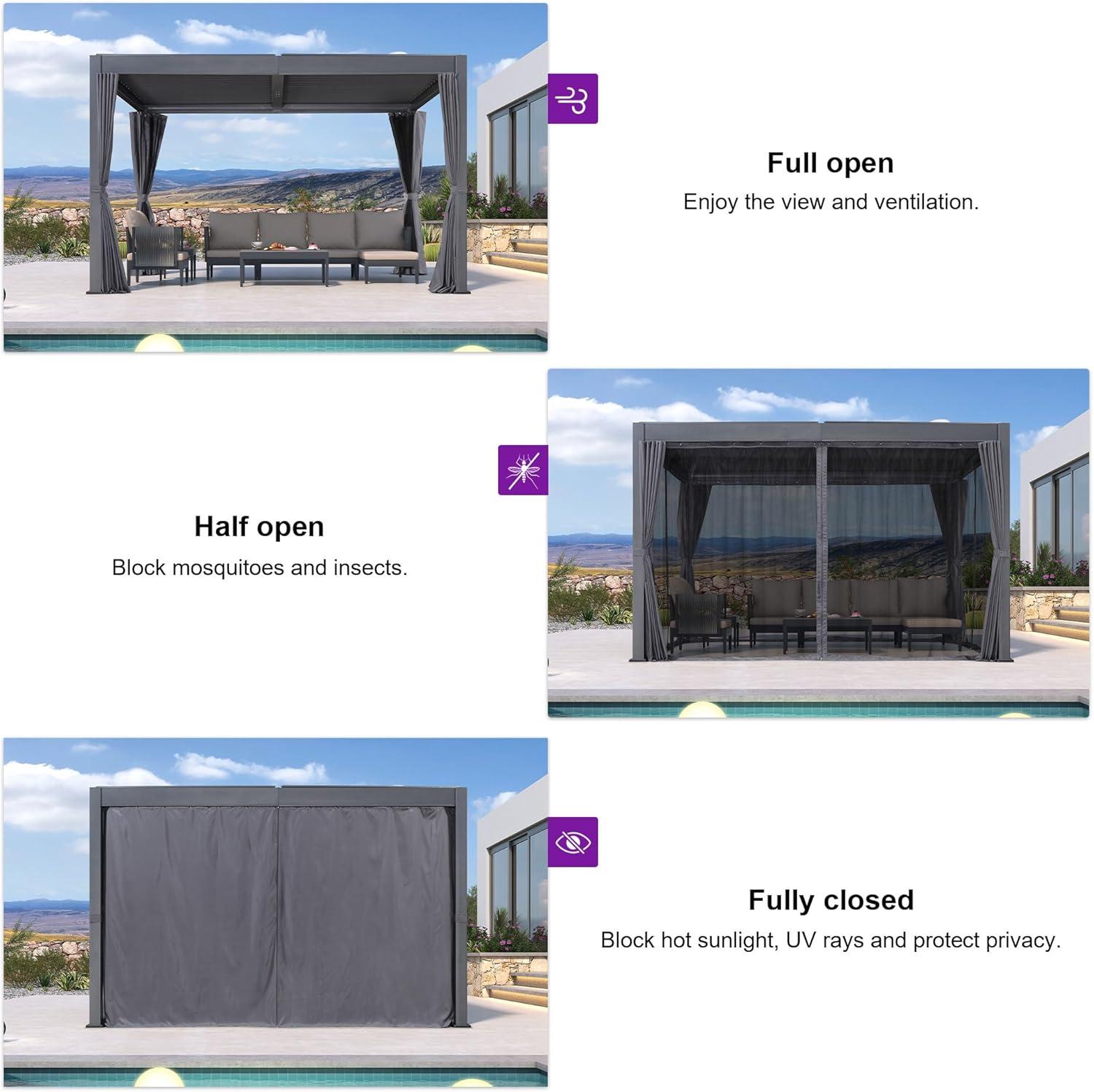 image:imagePURPLE LEAF Louvered Pergola 94AS 11 x 14 Outdoor Aluminum Pergola with Adjustable Roof for Deck Backyard Garden Grey Hardtop GazeboAluminum Polyester Curtain