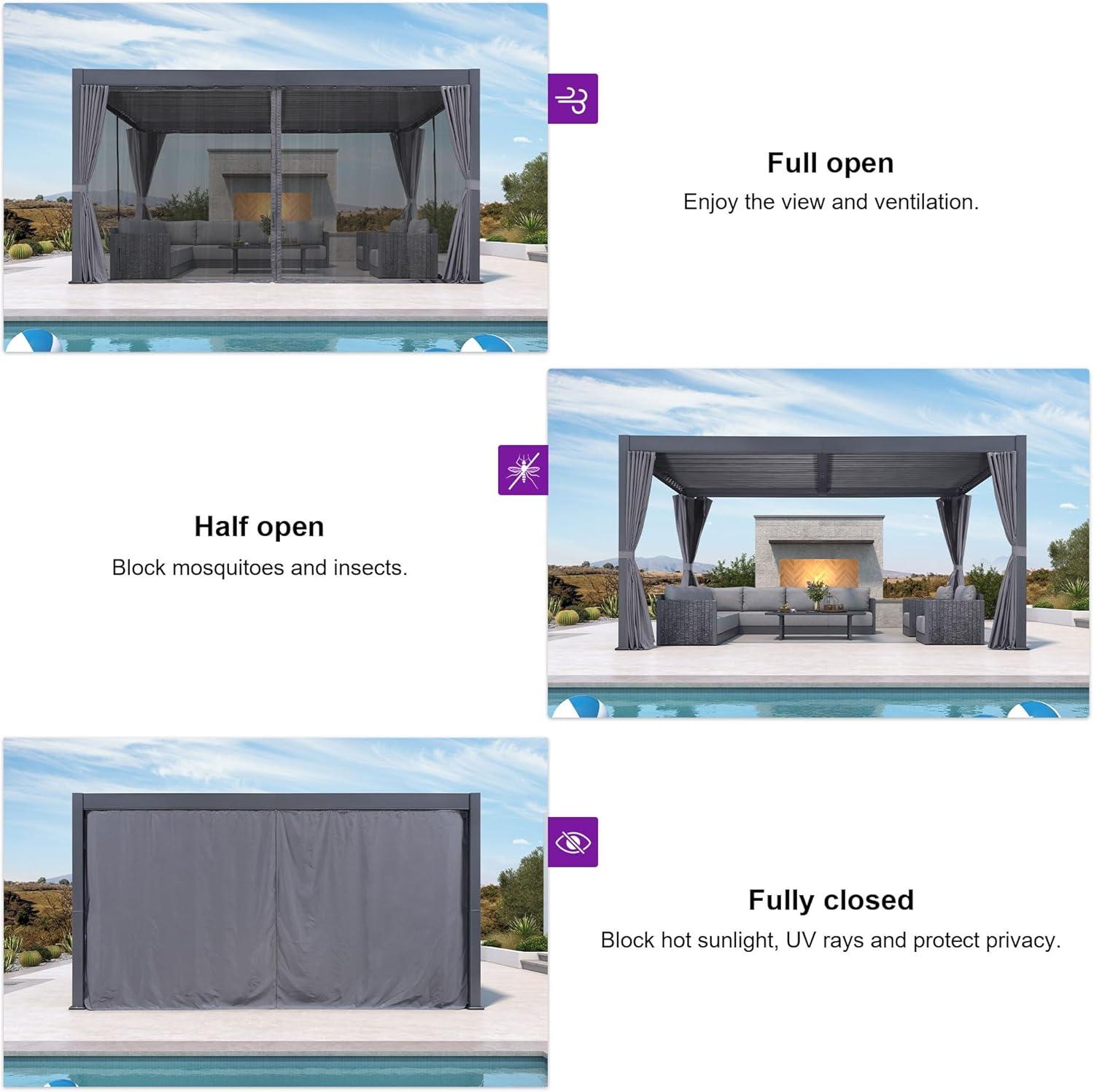 image:imagePURPLE LEAF Louvered Pergola 94AS 11 x 14 Outdoor Aluminum Pergola with Adjustable Roof for Deck Backyard Garden Grey Hardtop GazeboAluminum Polyester Curtain