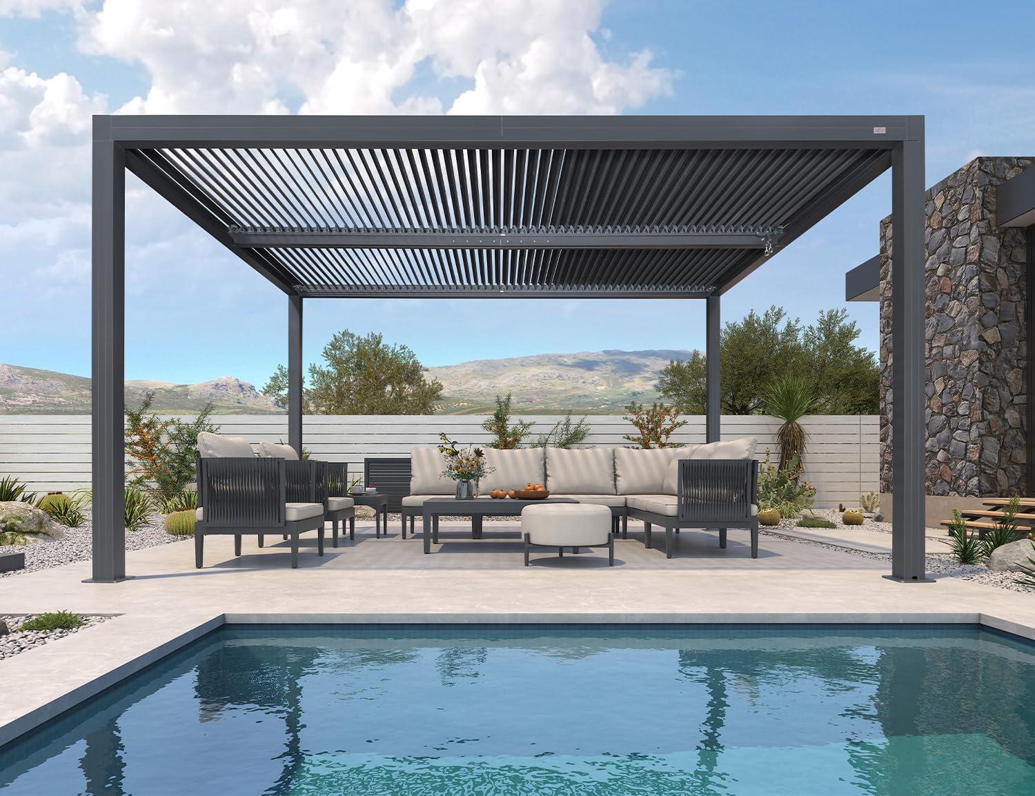 image:imagePURPLE LEAF Louvered Pergola 94AS 11 x 14 Outdoor Aluminum Pergola with Adjustable Roof for Deck Backyard Garden Grey Hardtop GazeboAluminum Textilene Shade Screen