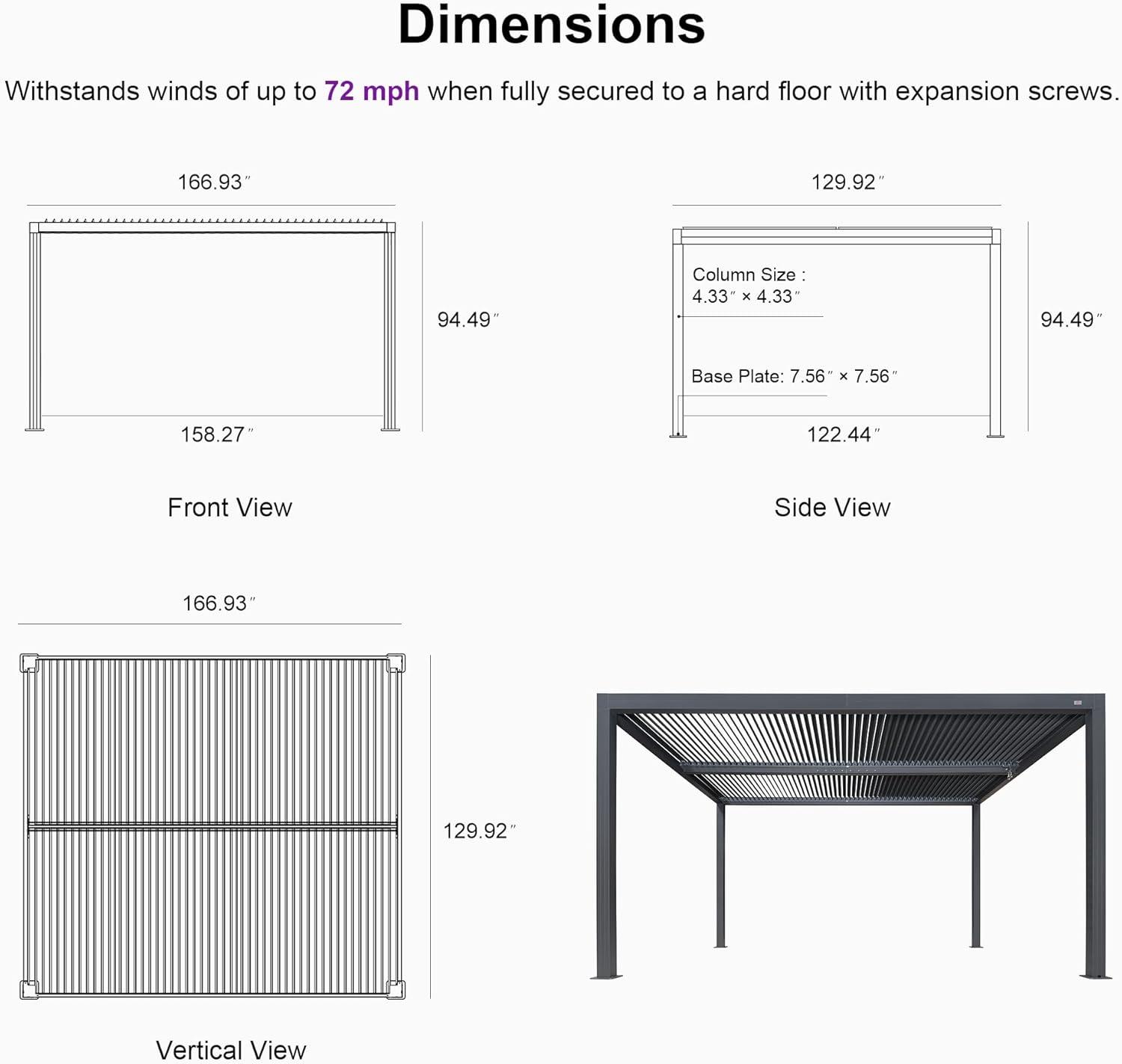image:imagePURPLE LEAF Louvered Pergola 94AS 11 x 14 Outdoor Aluminum Pergola with Adjustable Roof for Deck Backyard Garden Grey Hardtop GazeboAluminum Textilene Shade Screen