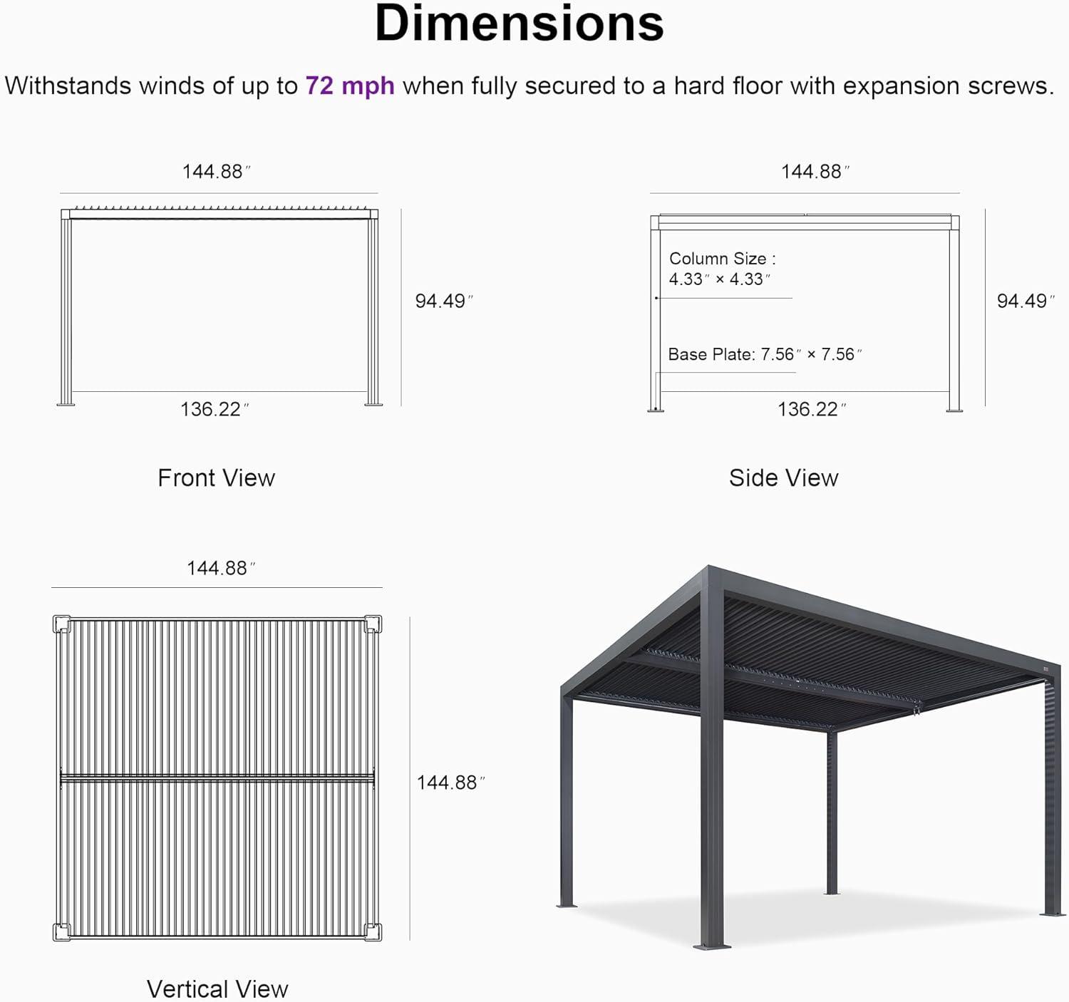 image:imagePURPLE LEAF Louvered Pergola 94AS 11 x 14 Outdoor Aluminum Pergola with Adjustable Roof for Deck Backyard Garden Grey Hardtop GazeboAluminum Textilene Shade Screen