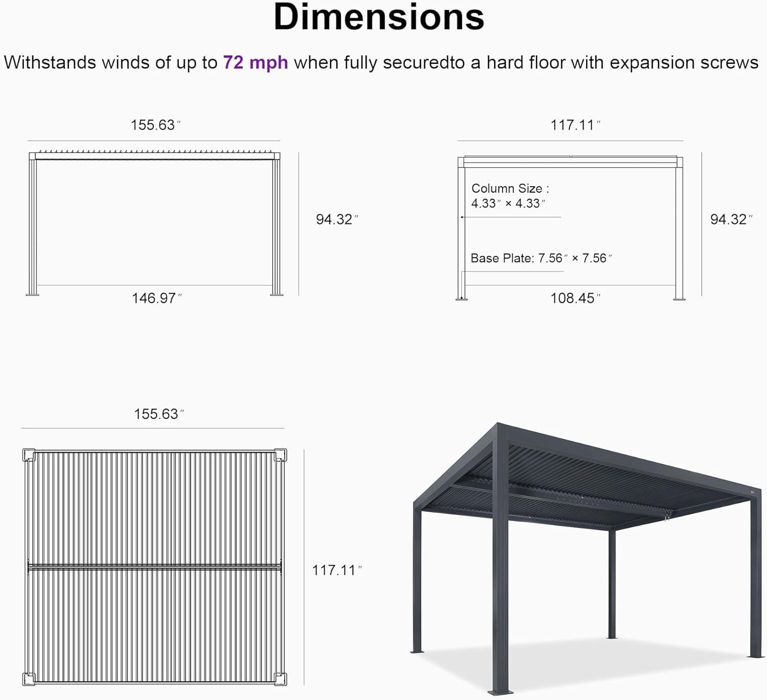 image:imagePURPLE LEAF Louvered Pergola 94AS 11 x 14 Outdoor Aluminum Pergola with Adjustable Roof for Deck Backyard Garden Grey Hardtop GazeboAluminum