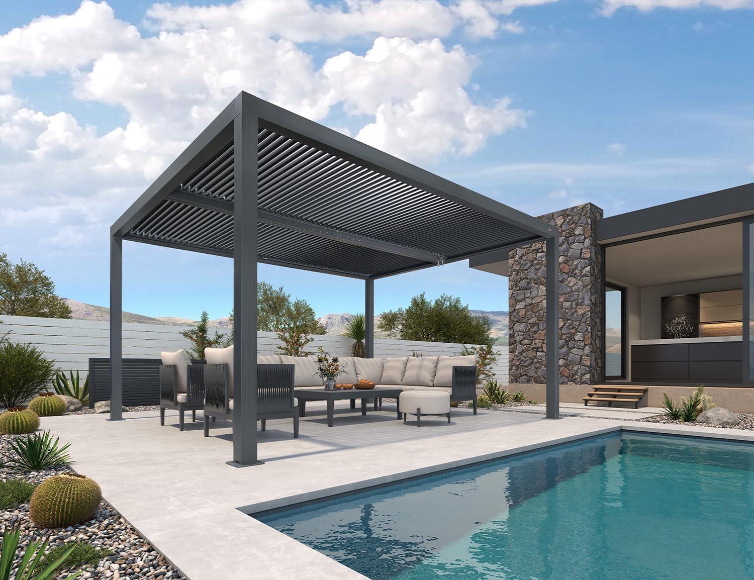 image:imagePURPLE LEAF Louvered Pergola 94AS 11 x 14 Outdoor Aluminum Pergola with Adjustable Roof for Deck Backyard Garden Grey Hardtop GazeboAluminum