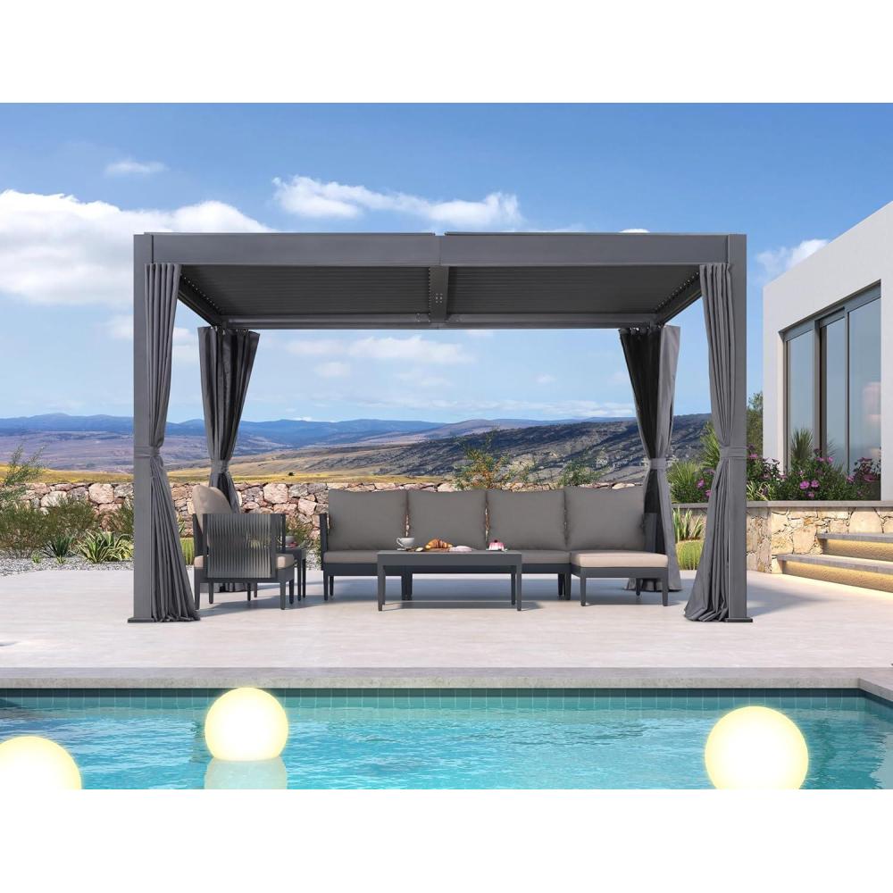 image:imagePURPLE LEAF Louvered Pergola 94AS 11 x 14 Outdoor Aluminum Pergola with Adjustable Roof for Deck Backyard Garden Grey Hardtop GazeboAluminum Polyester Curtain