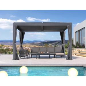 PURPLE LEAF Louvered Pergola 94AS 11′ x 14′ Outdoor Aluminum Pergola with Adjustable Roof for Deck Backyard Garden Grey Hardtop Gazebo(Aluminum & Polyester Curtain)